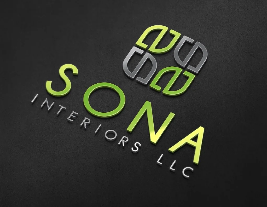 Logo reading "SONA Interiors LLC" with a decorative abstract symbol in green and gray on a dark background.