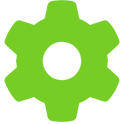 A bright green gear symbol on a white background, representing the precision and innovation of residential remodeling experts.