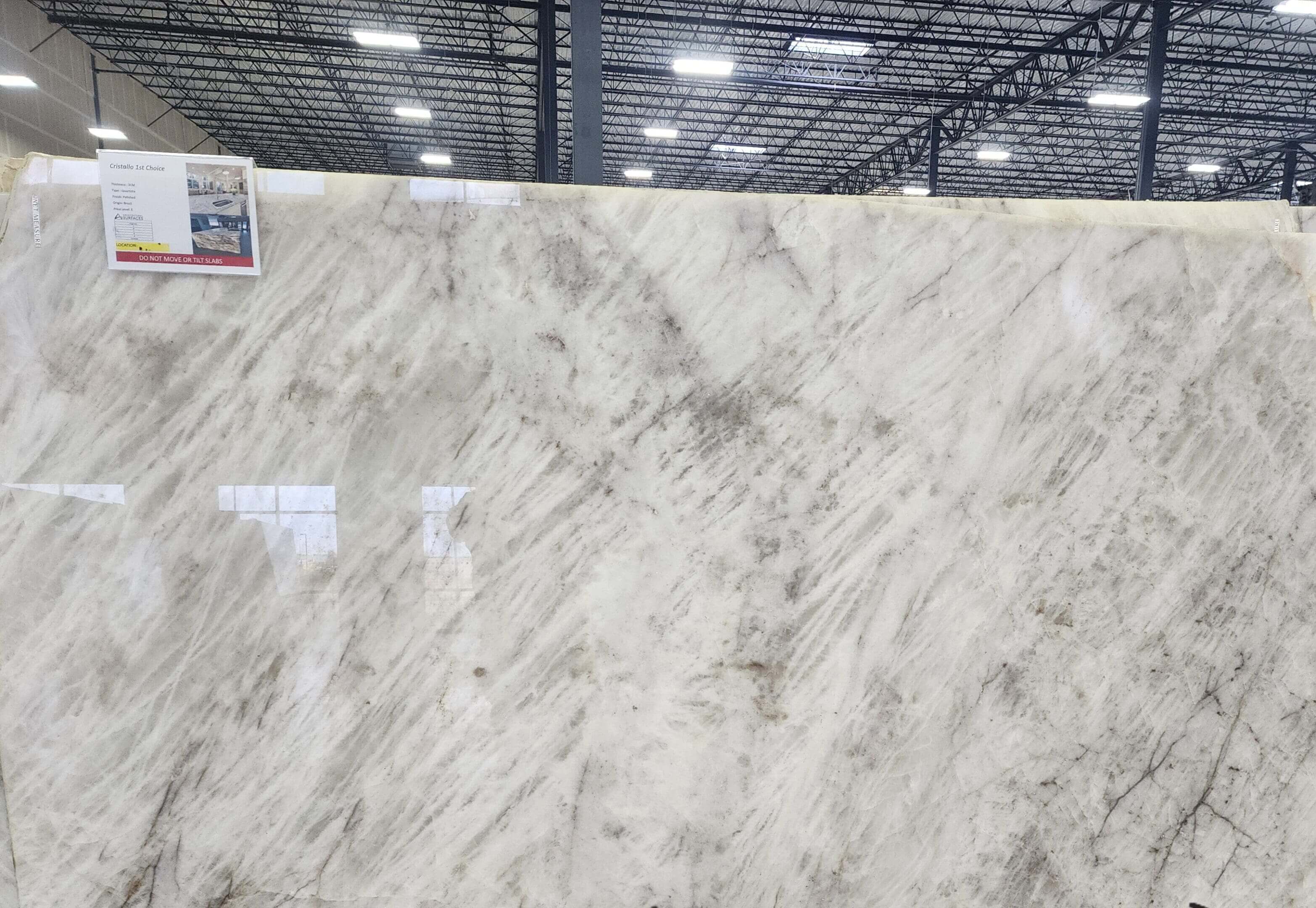 Marble slab in a warehouse setting.