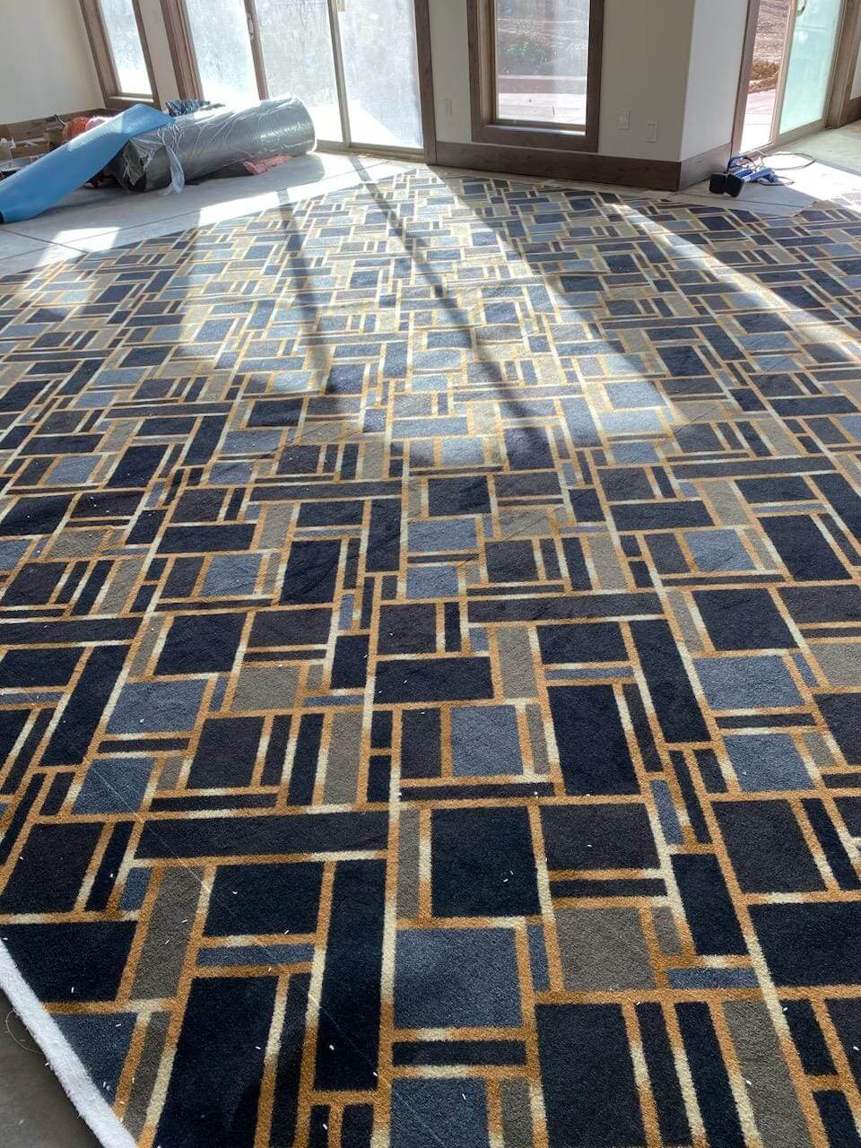 Geometric patterned carpet in sunlit room.