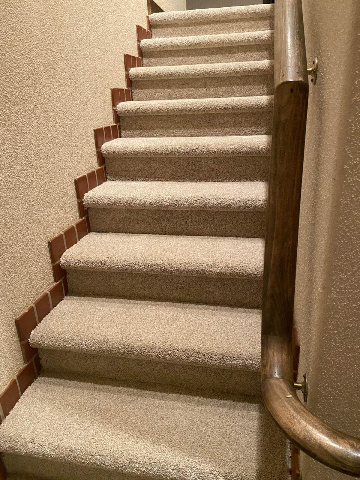 Carpeted stairs with wooden handrail.