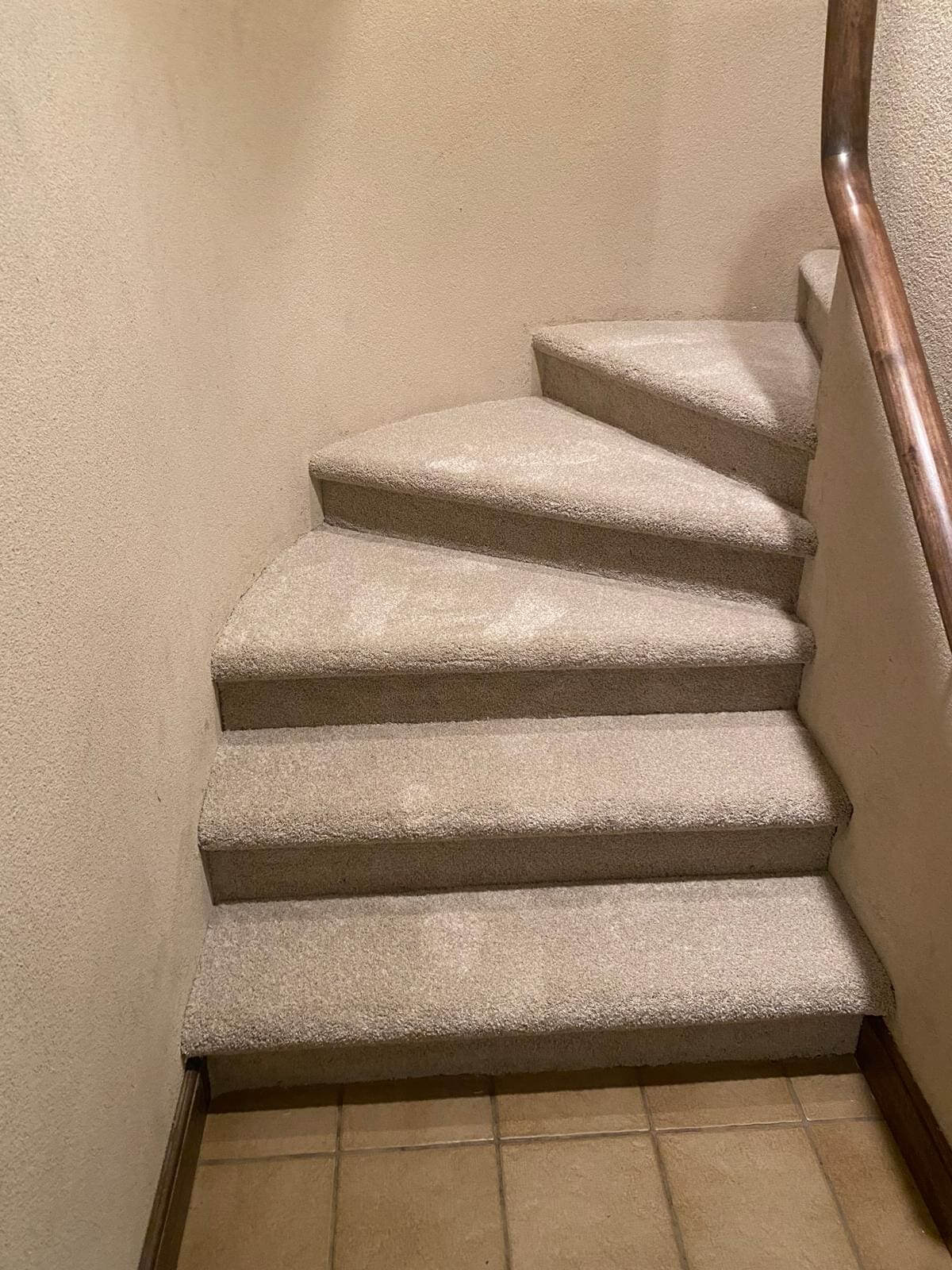 Carpeted spiral staircase with wooden handrail.