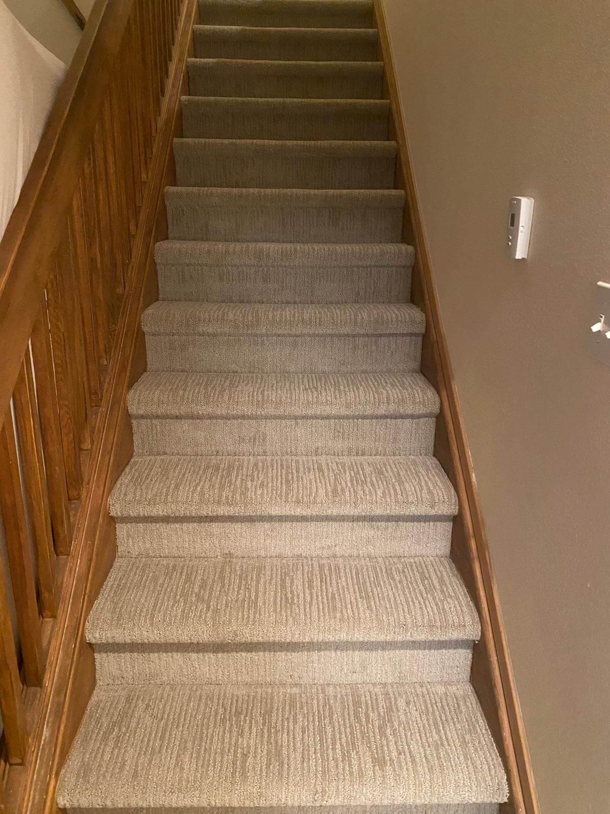 Carpeted staircase with wooden railing.