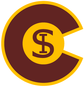 Brown and yellow circular logo with letters.