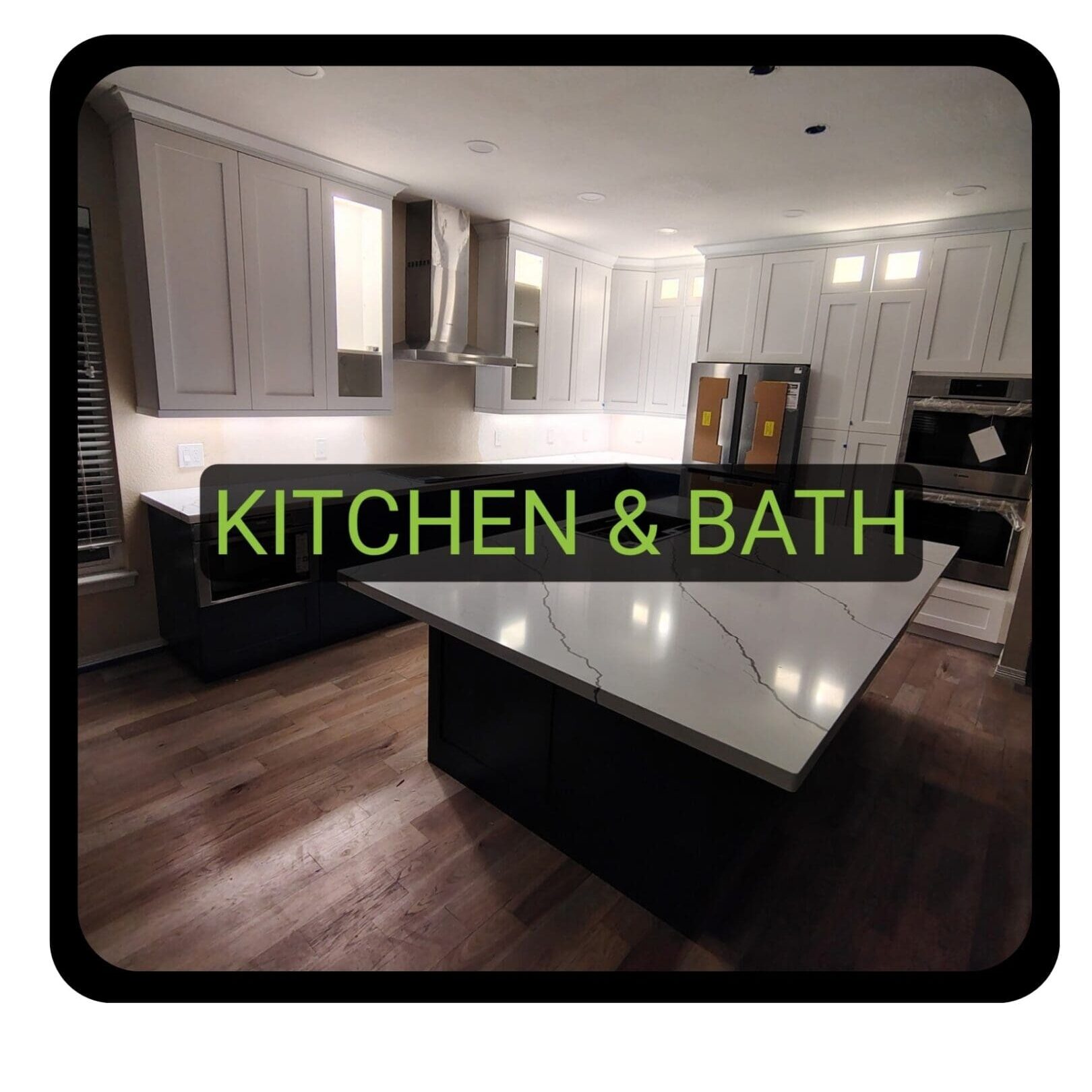 Modern kitchen with large central island countertop.