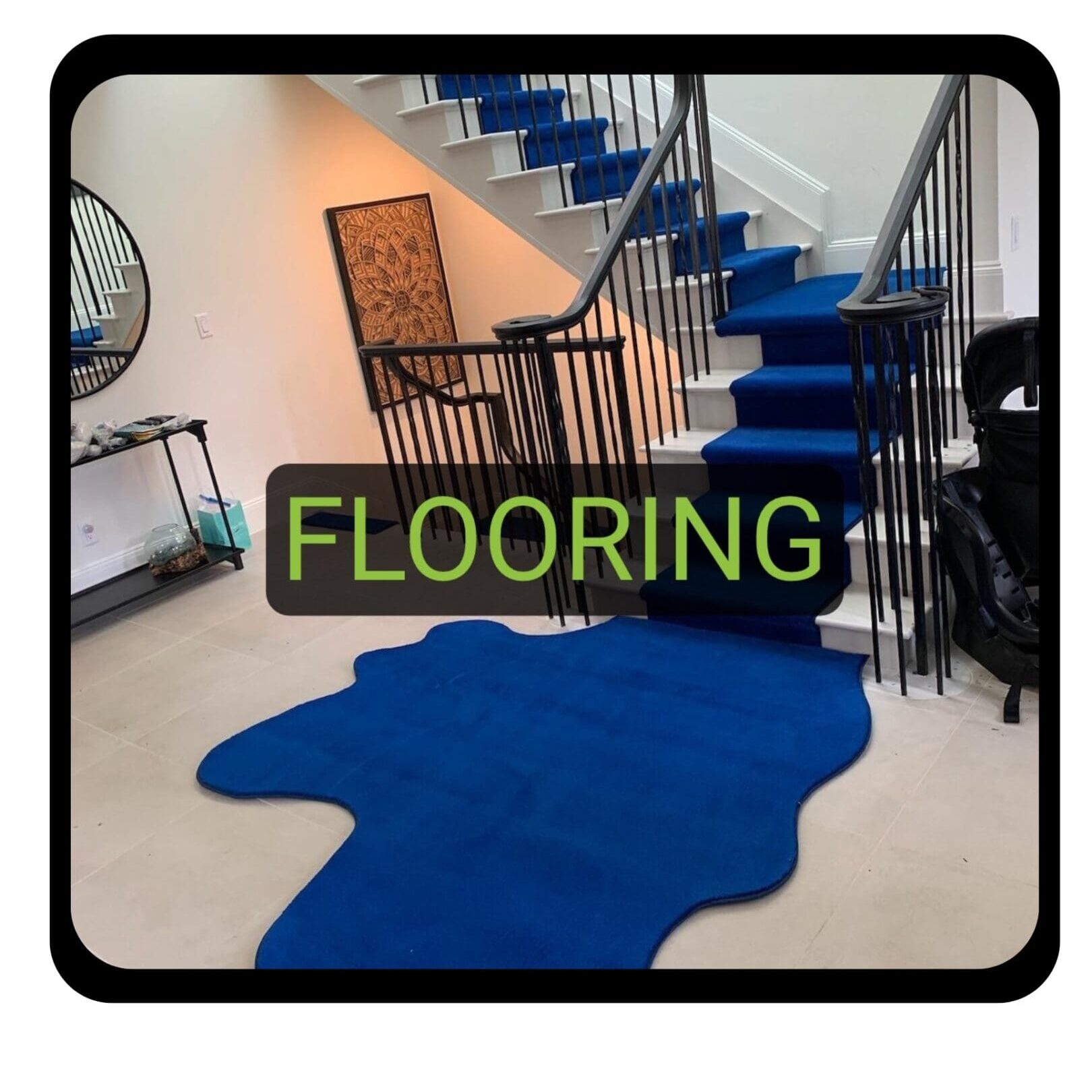 Blue carpeted stairs and rug flooring.